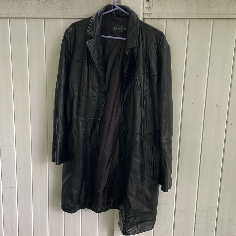 Vintage Harve  Benard Mid-length Black Leather Jacket Size XL - Picture 4 of 8